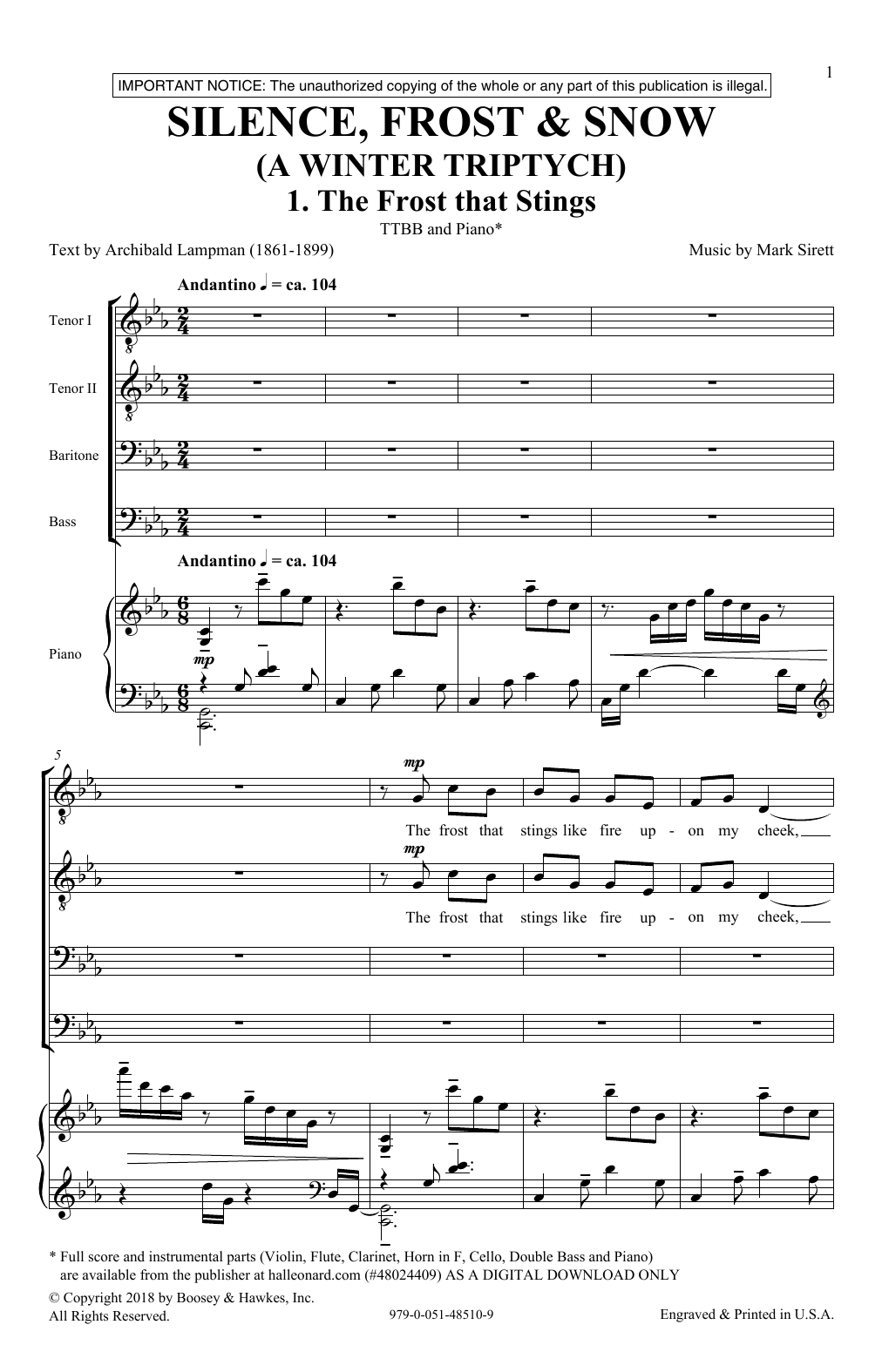 Learn to play Mark Sirett Silence, Frost & Beauty (A Winter Triptych) sheet music for TTBB Choir in minutes. Price: 3.9900$ Mark Sirett Silence, Frost & Beauty (A Winter Triptych) sheet music notes and chords arranged for TTBB Choir