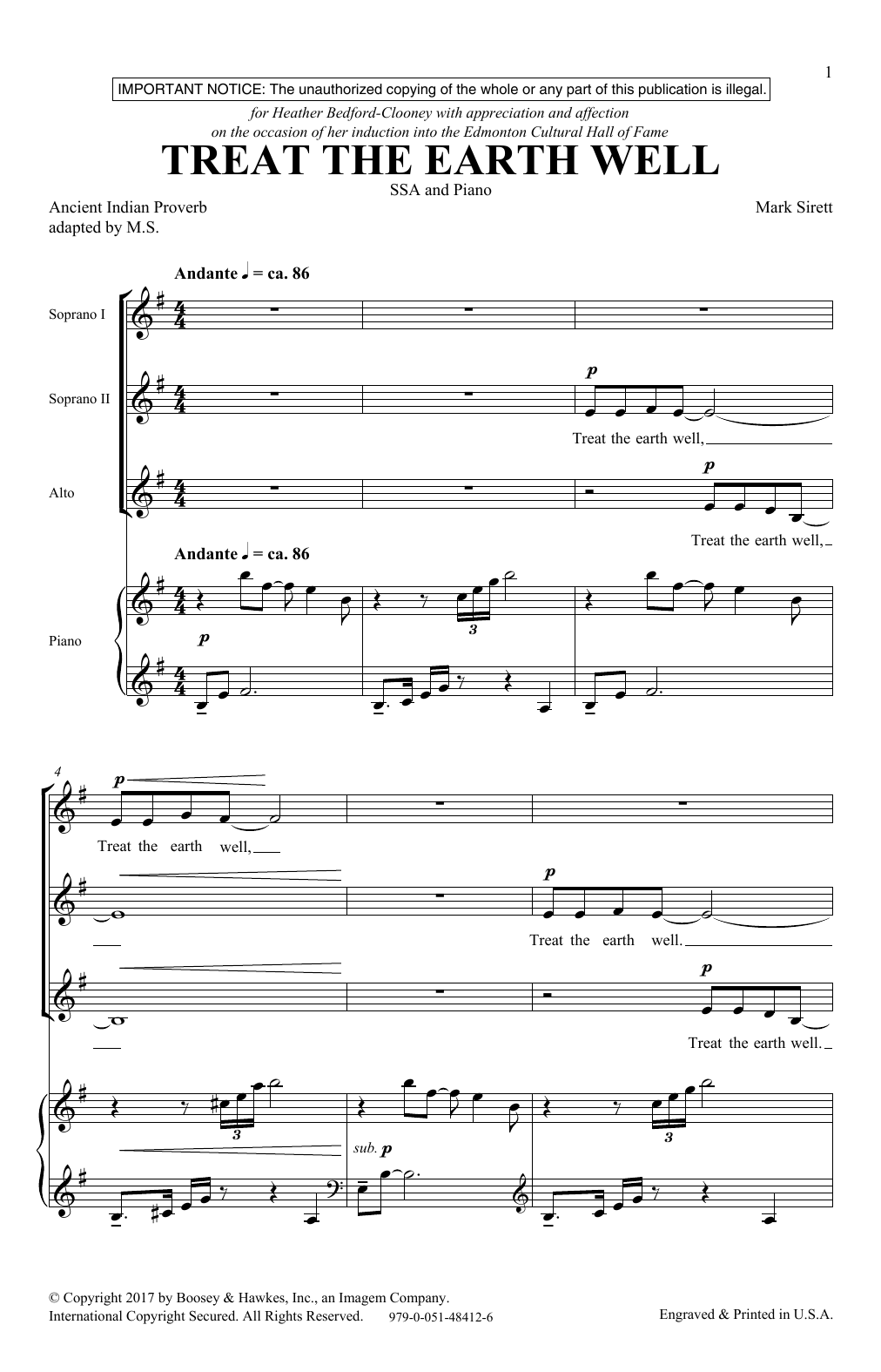 Learn to play Mark Sirett Treat The Earth Well sheet music for SSA Choir in minutes. Price: 3.9900$ Mark Sirett Treat The Earth Well sheet music notes and chords arranged for SSA Choir