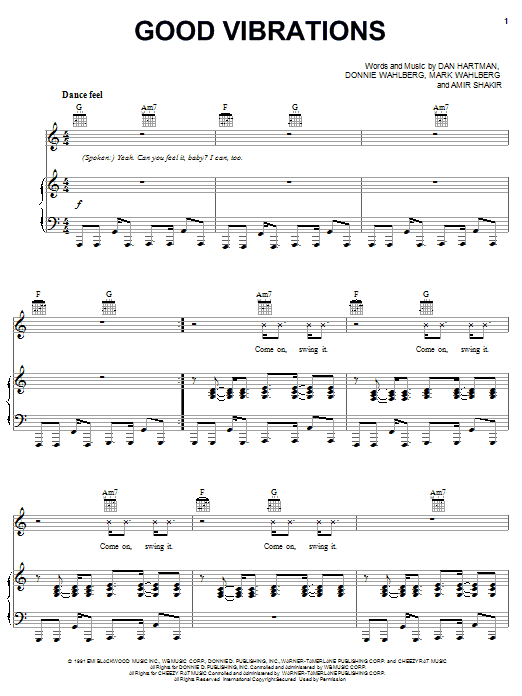 Learn to play Marky Mark And The Funky Bunch Good Vibrations sheet music for Piano, Vocal & Guitar Chords (Right-Hand Melody) in minutes. Price: 7.8900$ Marky Mark And The Funky Bunch Good Vibrations sheet music notes and chords arranged for Piano, Vocal & Guitar Chords (Right-Hand Melody)