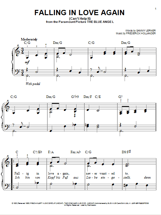 Marlene Dietrich Falling In Love Again (Can't Help It) sheet music notes and chords. Download Printable PDF.