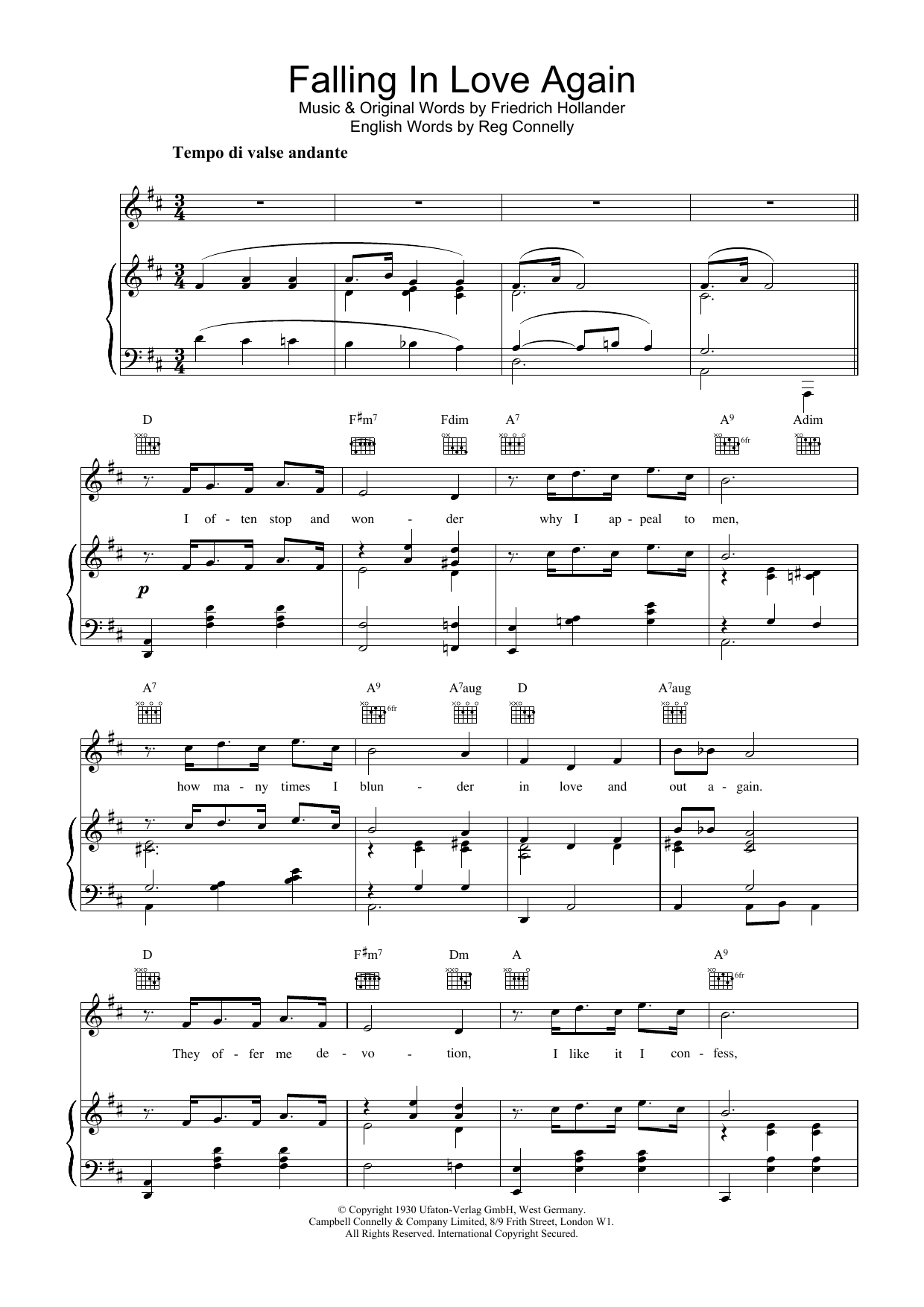 Learn to play Marlene Dietrich Falling In Love Again sheet music for Piano, Vocal & Guitar Chords in minutes. Price: 7.8900$ Marlene Dietrich Falling In Love Again sheet music notes and chords arranged for Piano, Vocal & Guitar Chords