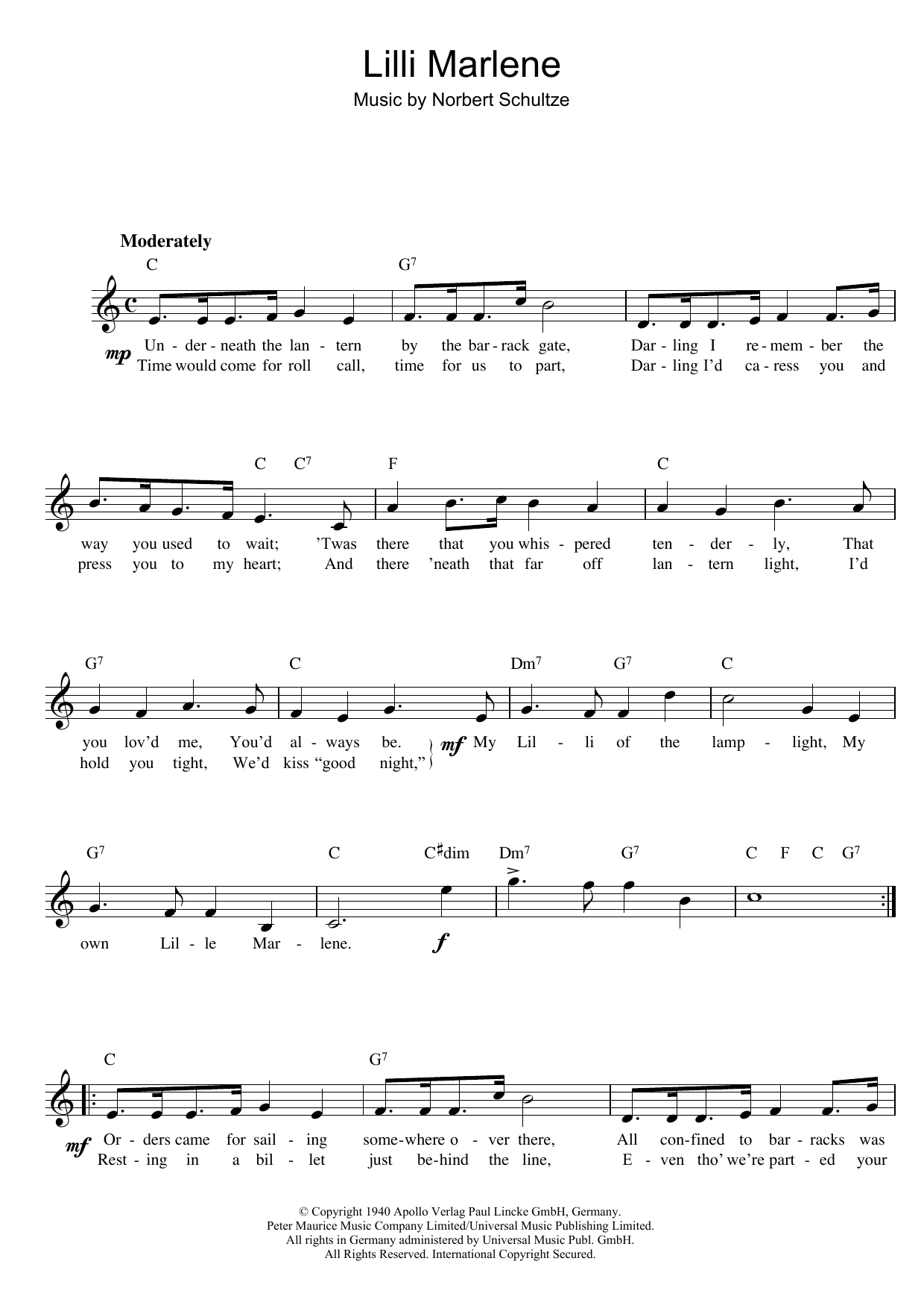 Learn to play Marlene Dietrich Lilli Marlene sheet music for Piano, Vocal & Guitar Chords (Right-Hand Melody) in minutes. Price: 7.8900$ Marlene Dietrich Lilli Marlene sheet music notes and chords arranged for Piano, Vocal & Guitar Chords (Right-Hand Melody)