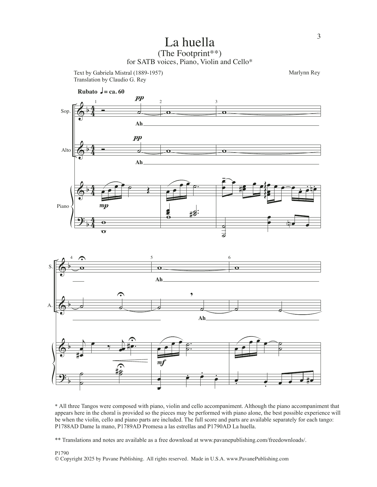 Marlynn Rey Three Tangos - 3. La Huella sheet music notes and chords arranged for SATB Choir