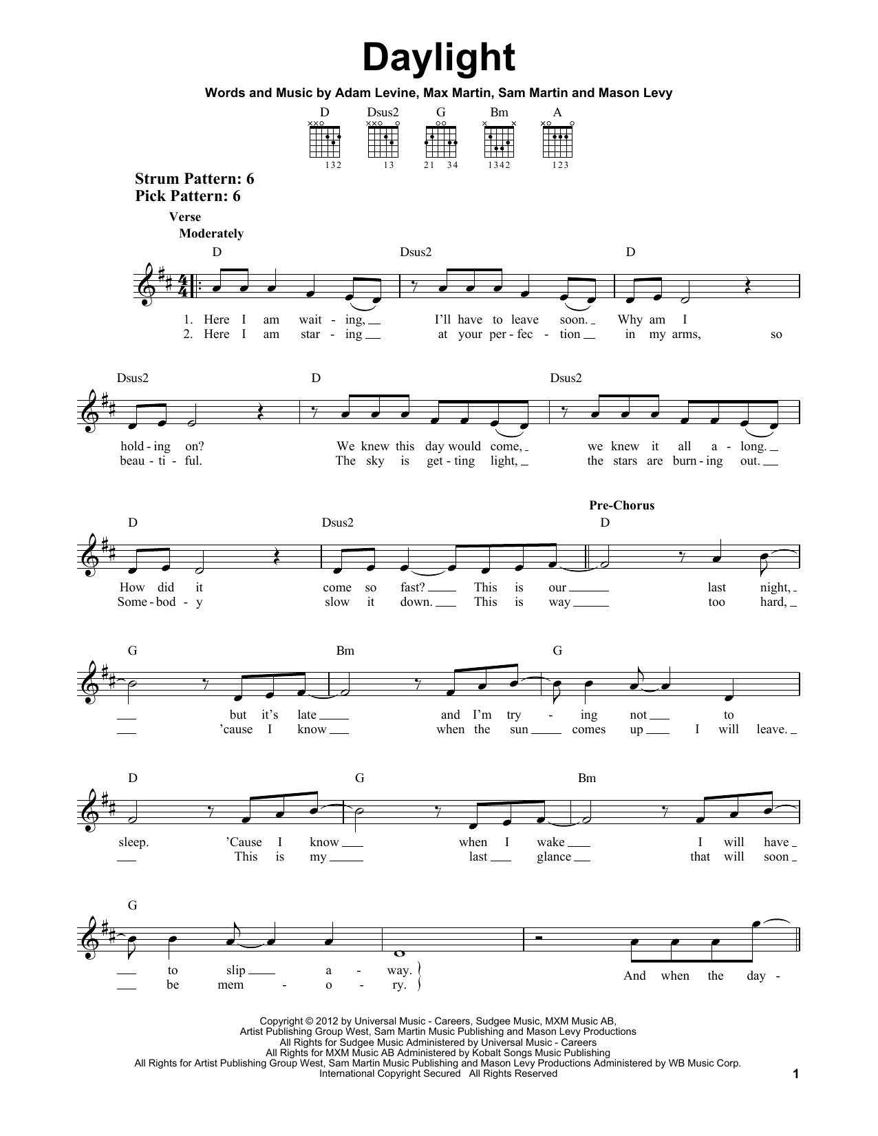 Maroon 5 Daylight sheet music notes and chords. Download Printable PDF.