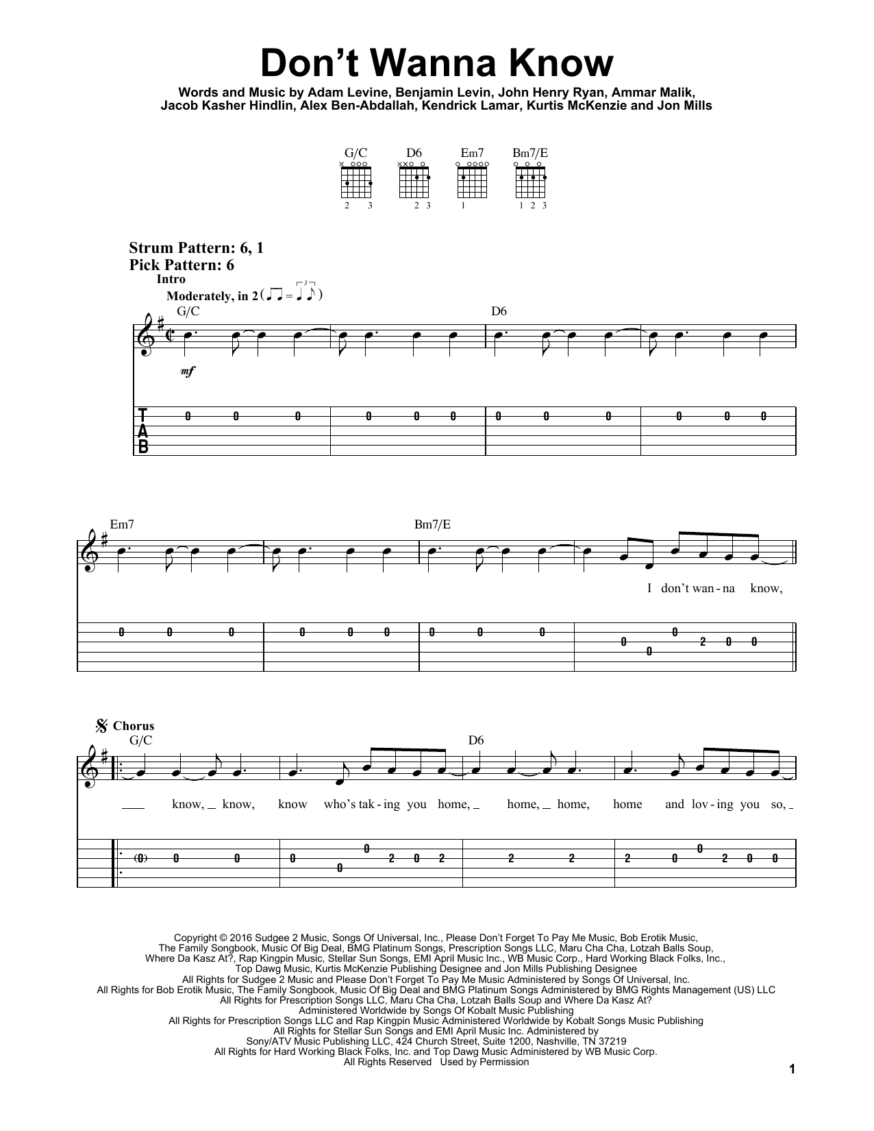 Maroon 5 Don't Wanna Know (feat. Kendrick Lamar) sheet music notes and chords. Download Printable PDF.