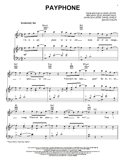 Maroon 5 Payphone (feat. Wiz Khalifa) sheet music notes and chords. Download Printable PDF.