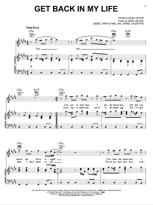 Maroon 5 Get Back In My Life sheet music notes and chords arranged for Piano, Vocal & Guitar Chords (Right-Hand Melody)