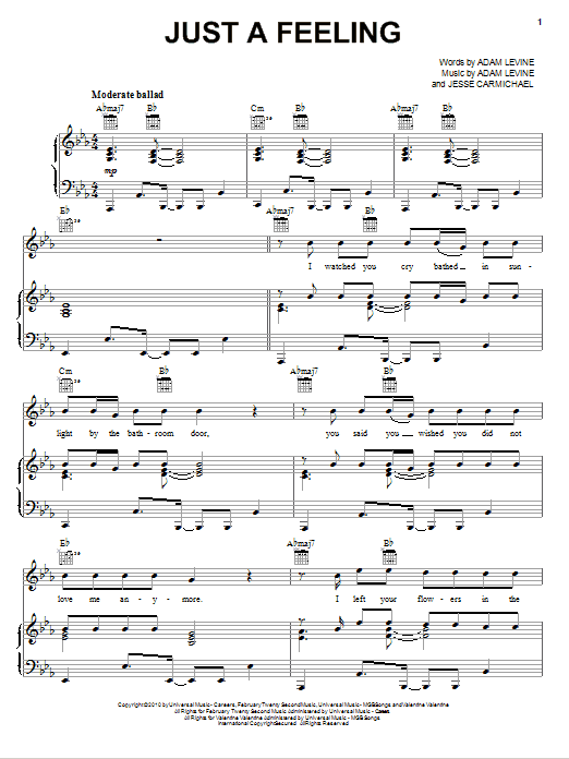 Maroon 5 Just A Feeling sheet music notes and chords arranged for Piano, Vocal & Guitar Chords (Right-Hand Melody)