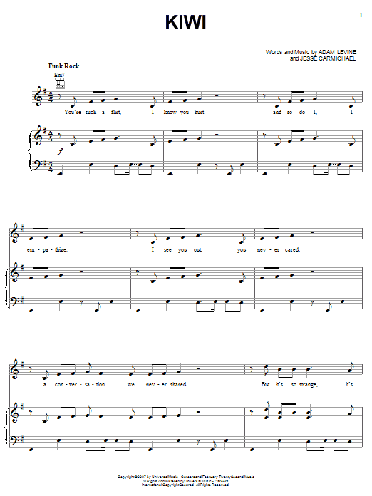 Maroon 5 Kiwi sheet music notes and chords arranged for Piano, Vocal & Guitar Chords (Right-Hand Melody)