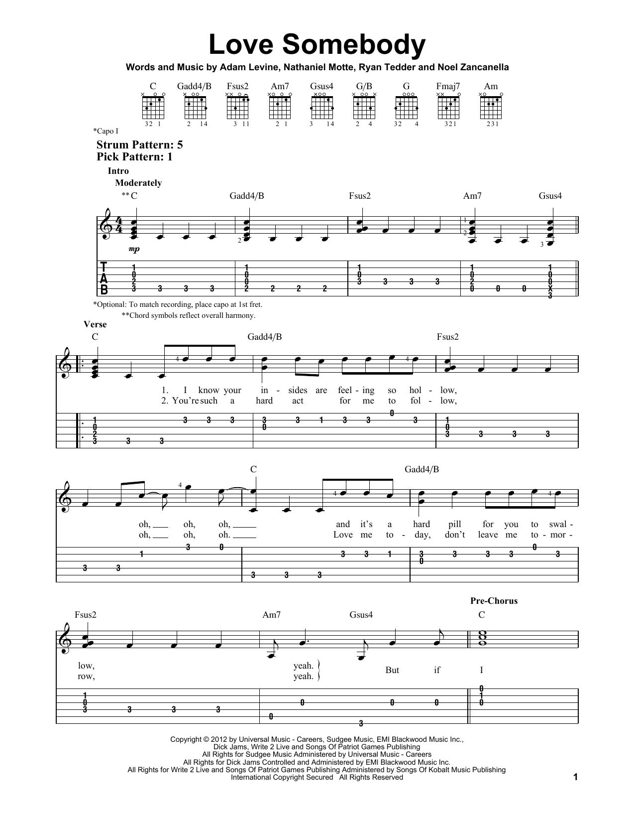 Maroon 5 Love Somebody sheet music notes and chords. Download Printable PDF.