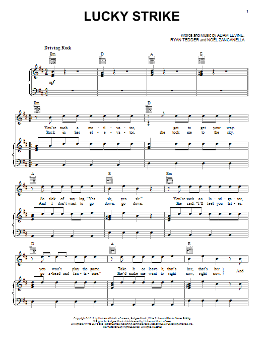 Maroon 5 Lucky Strike sheet music notes and chords arranged for Piano, Vocal & Guitar Chords (Right-Hand Melody)