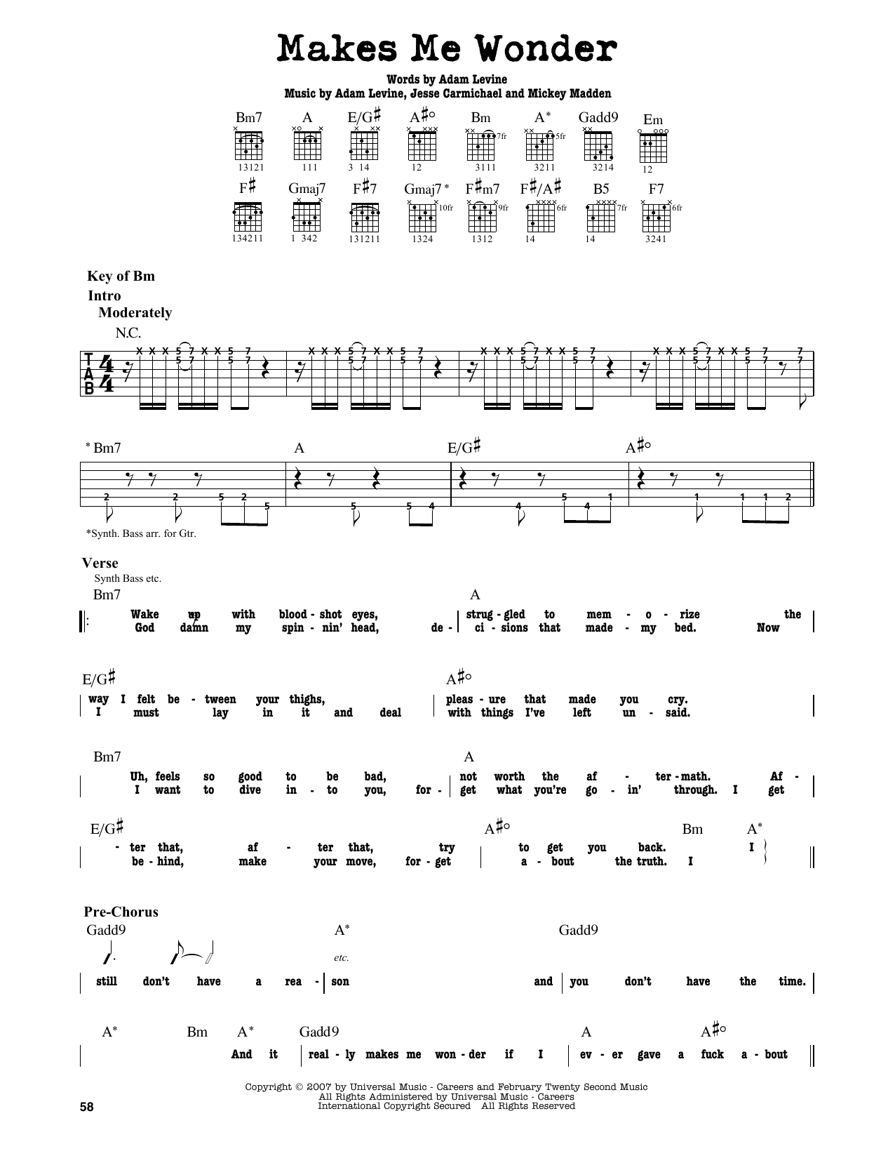 Maroon 5 Makes Me Wonder sheet music notes and chords. Download Printable PDF.