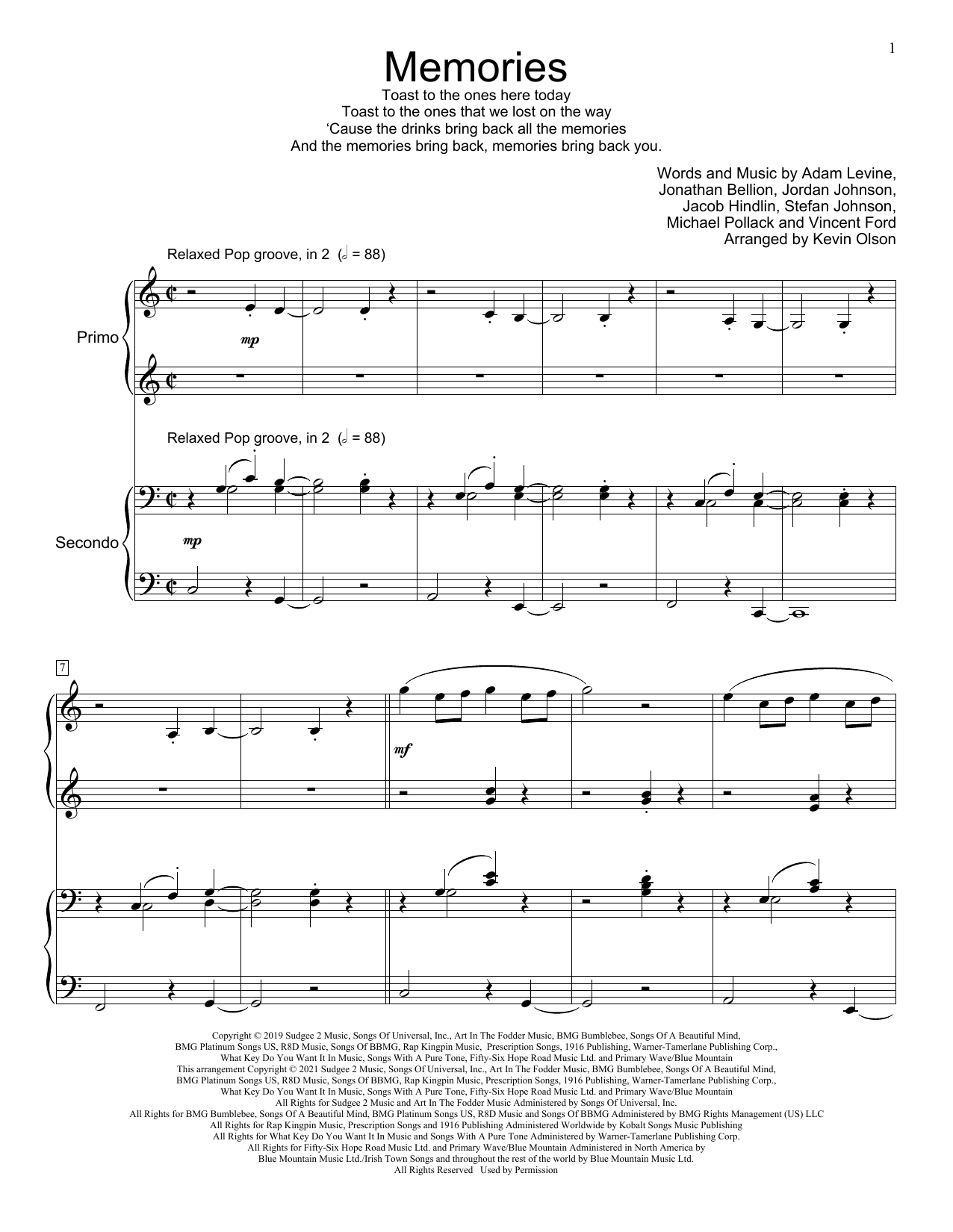 Maroon 5 Memories (arr. Kevin Olson) sheet music notes and chords. Download Printable PDF.