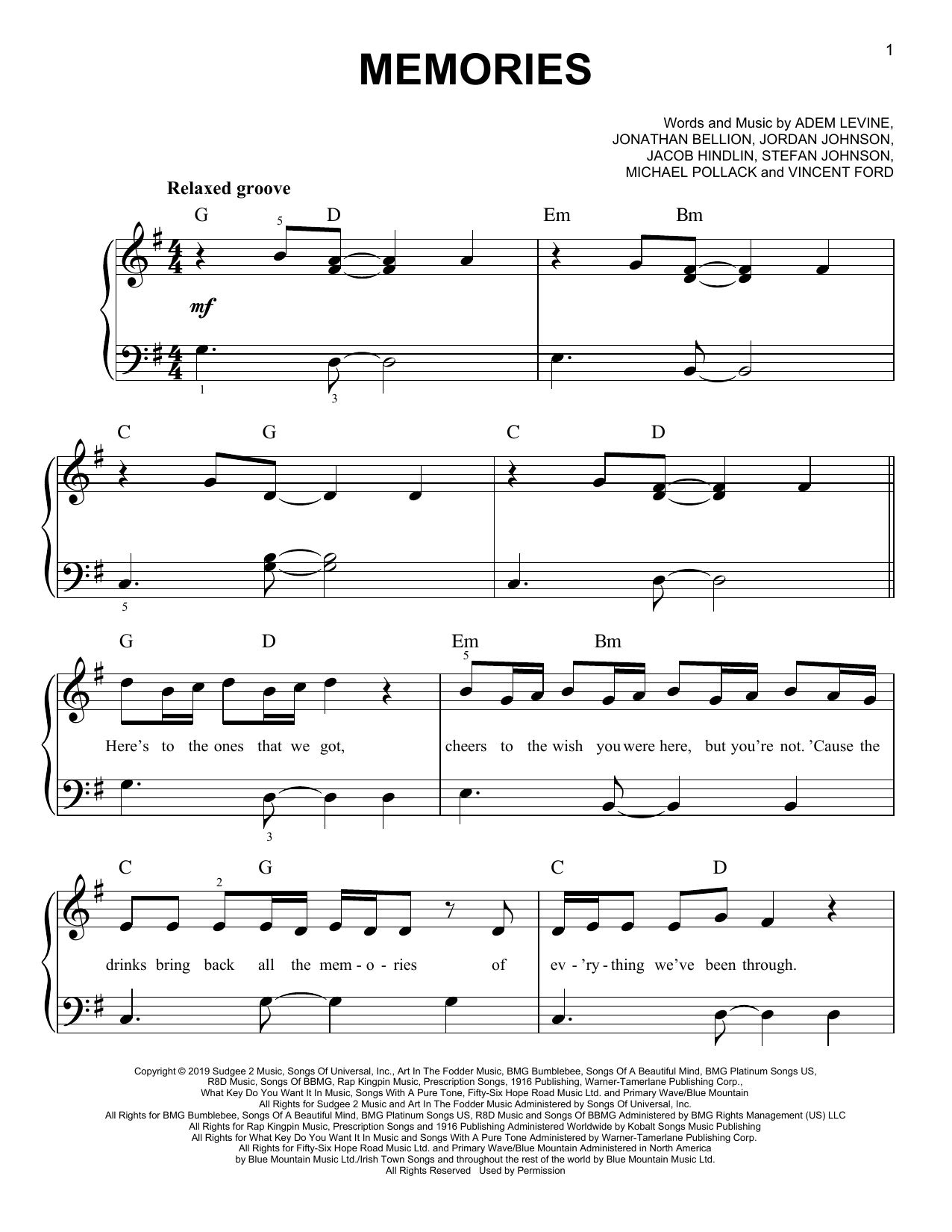 Maroon 5 Memories sheet music notes and chords. Download Printable PDF.