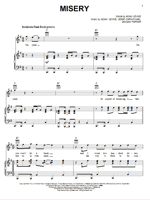 Maroon 5 Misery sheet music notes and chords. Download Printable PDF.