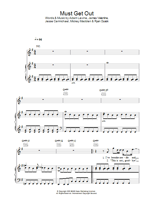 Maroon 5 Must Get Out sheet music notes and chords arranged for Piano, Vocal & Guitar Chords