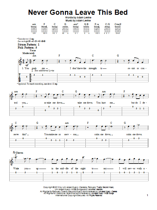 Maroon 5 Never Gonna Leave This Bed sheet music notes and chords. Download Printable PDF.