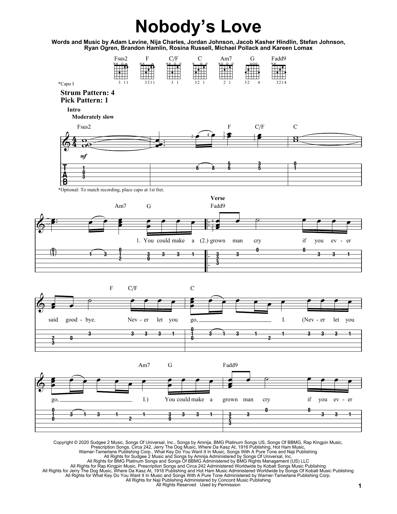 Maroon 5 Nobody's Love sheet music notes and chords. Download Printable PDF.