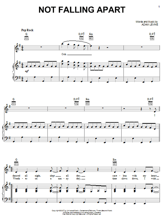 Maroon 5 Not Falling Apart sheet music notes and chords arranged for Piano, Vocal & Guitar Chords (Right-Hand Melody)