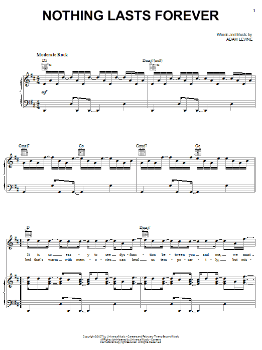 Maroon 5 Nothing Lasts Forever sheet music notes and chords arranged for Piano, Vocal & Guitar Chords (Right-Hand Melody)