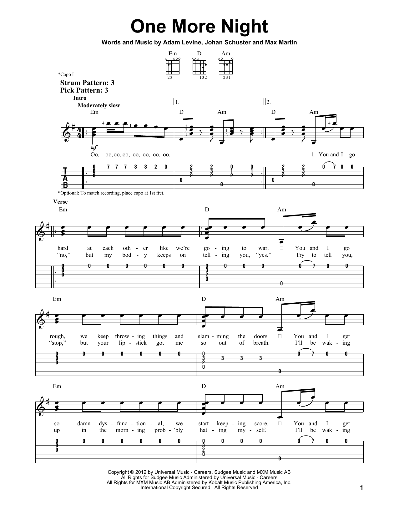 Maroon 5 One More Night sheet music notes and chords. Download Printable PDF.