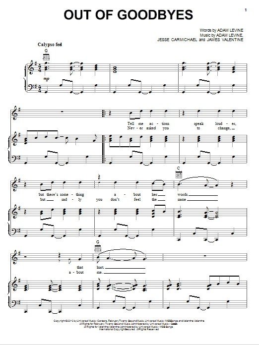 Maroon 5 Out Of Goodbyes sheet music notes and chords arranged for Piano, Vocal & Guitar Chords (Right-Hand Melody)