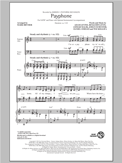 Maroon 5 Payphone (arr. Mark Brymer) sheet music notes and chords arranged for SATB Choir