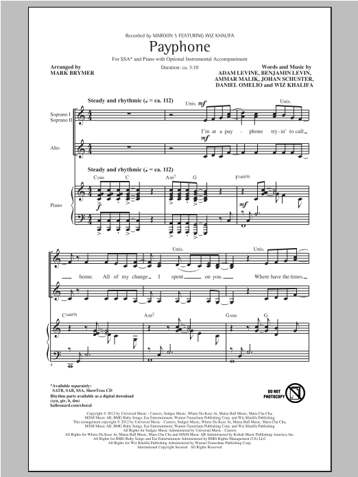 Maroon 5 Payphone (arr. Mark Brymer) sheet music notes and chords arranged for SSA Choir