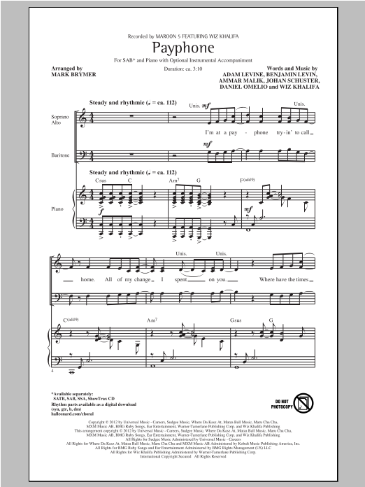 Maroon 5 Payphone (arr. Mark Brymer) sheet music notes and chords arranged for SAB Choir