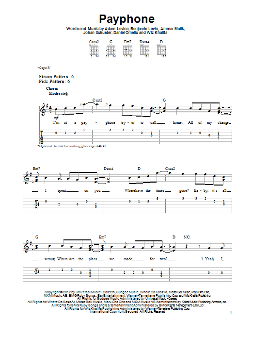 Maroon 5 Payphone sheet music notes and chords. Download Printable PDF.