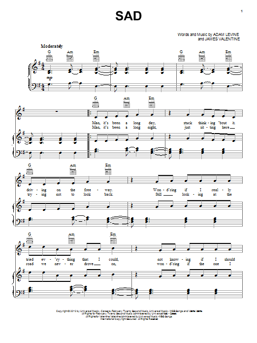 Maroon 5 Sad sheet music notes and chords arranged for Piano, Vocal & Guitar Chords (Right-Hand Melody)