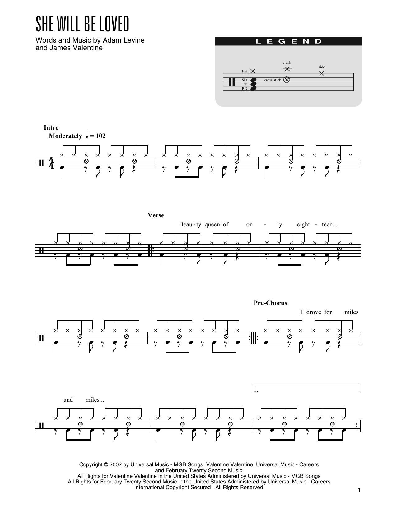 Maroon 5 She Will Be Loved (arr. Kennan Wylie) sheet music notes and chords. Download Printable PDF.