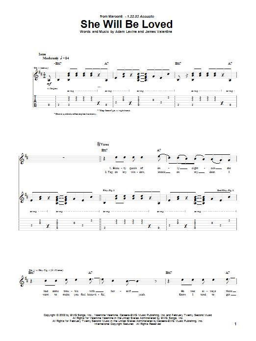Maroon 5 She Will Be Loved sheet music notes and chords. Download Printable PDF.