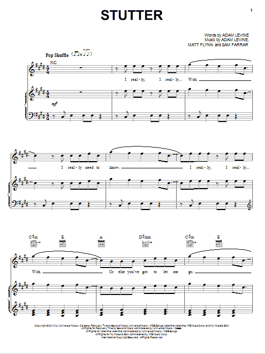 Maroon 5 Stutter sheet music notes and chords arranged for Piano, Vocal & Guitar Chords (Right-Hand Melody)