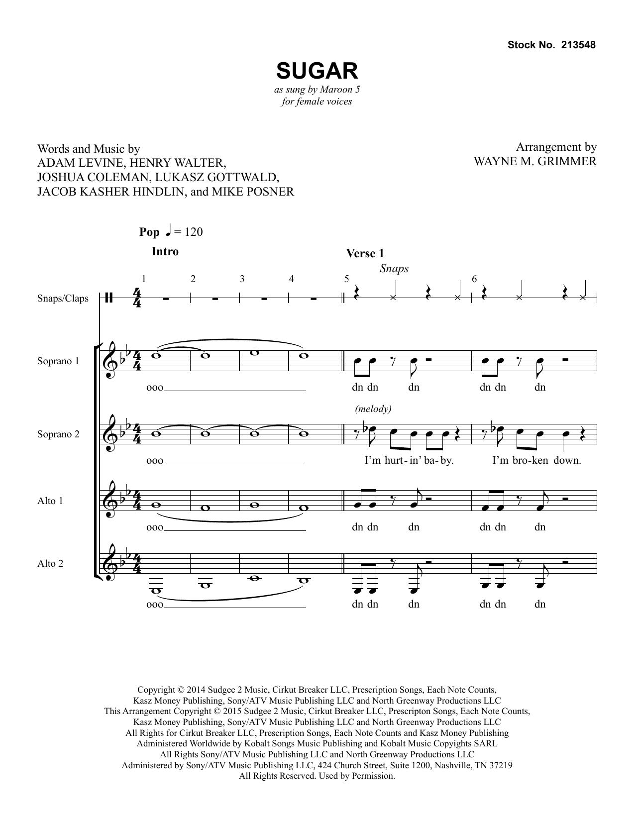 Maroon 5 Sugar (arr. Wayne Grimmer) sheet music notes and chords arranged for SSAA Choir