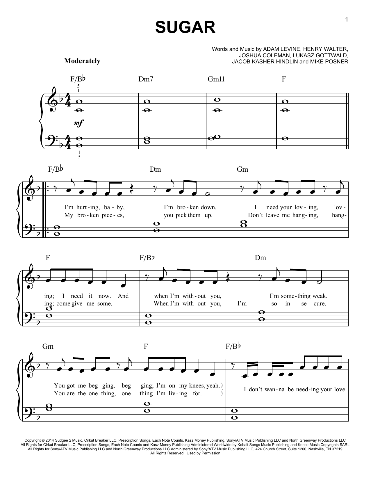 Maroon 5 Sugar sheet music notes and chords arranged for Easy Piano