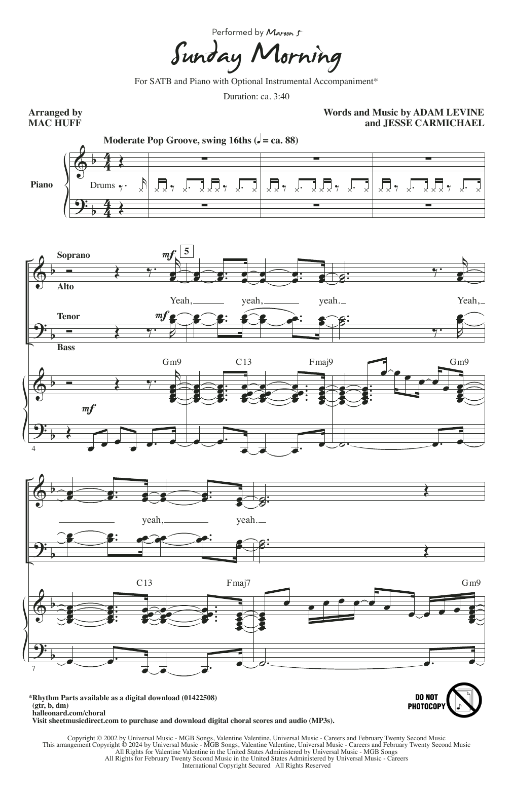 Maroon 5 Sunday Morning (arr. Mac Huff) sheet music notes and chords. Download Printable PDF.