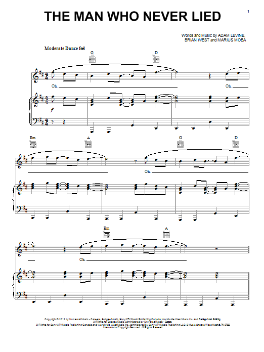 Maroon 5 The Man Who Never Lied sheet music notes and chords arranged for Piano, Vocal & Guitar Chords (Right-Hand Melody)