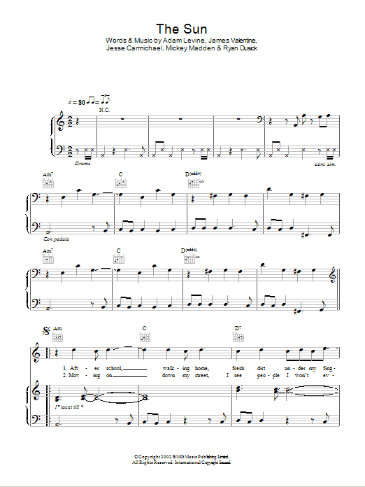 Maroon 5 The Sun sheet music notes and chords arranged for Piano, Vocal & Guitar Chords