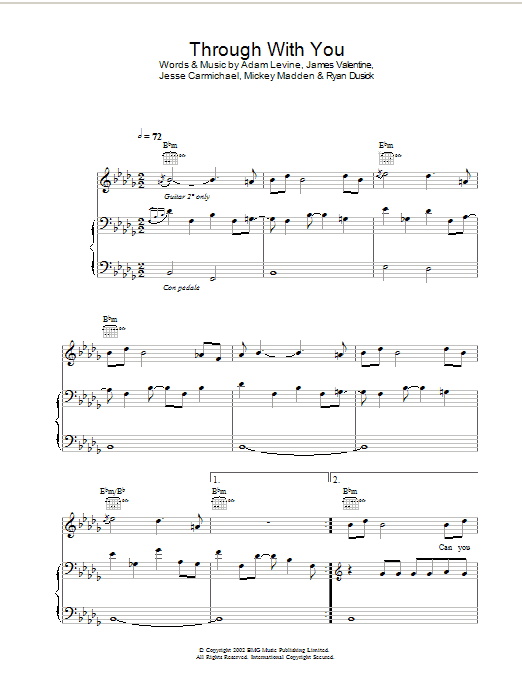 Maroon 5 Through With You sheet music notes and chords arranged for Piano, Vocal & Guitar Chords