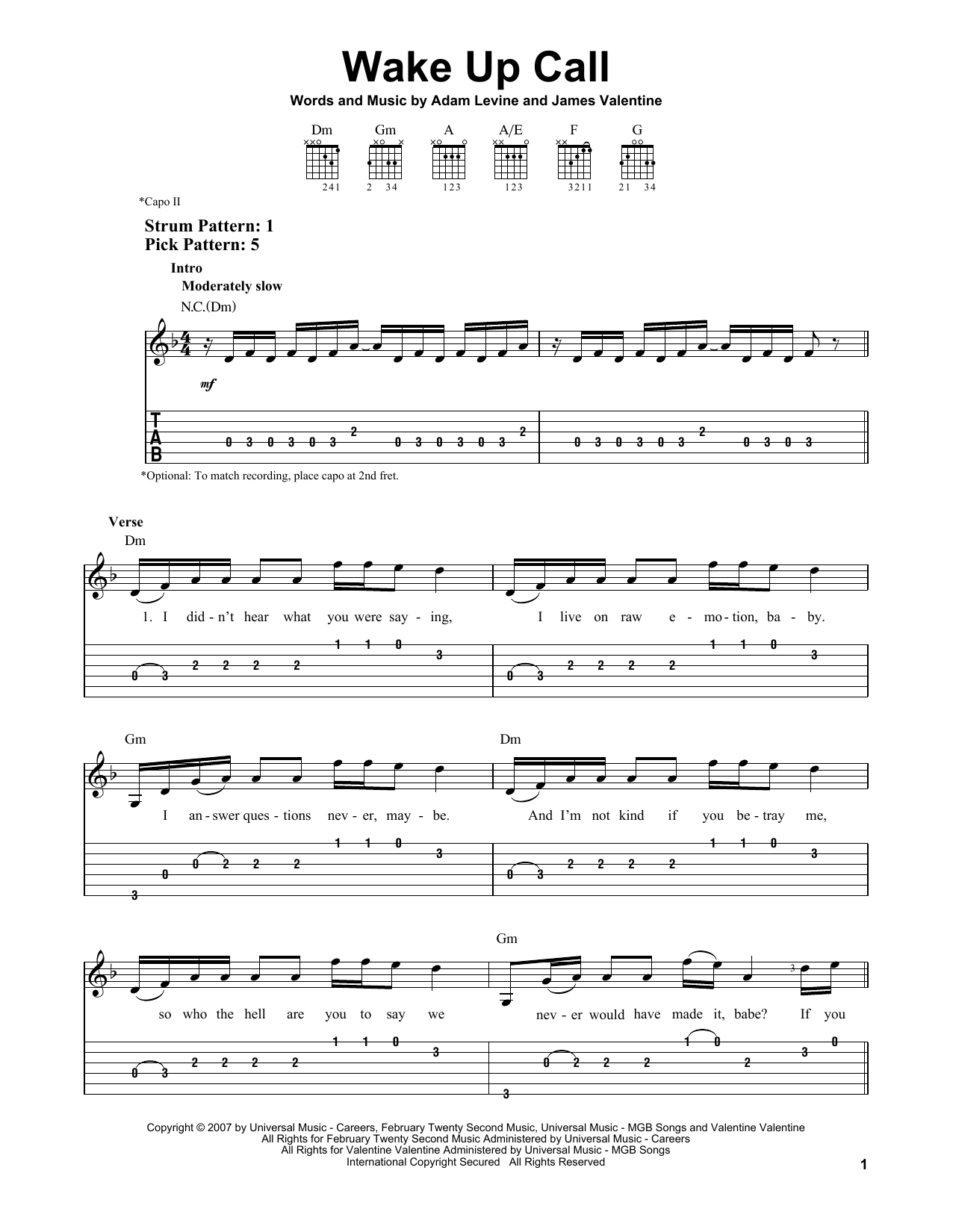 Maroon 5 Wake Up Call sheet music notes and chords. Download Printable PDF.