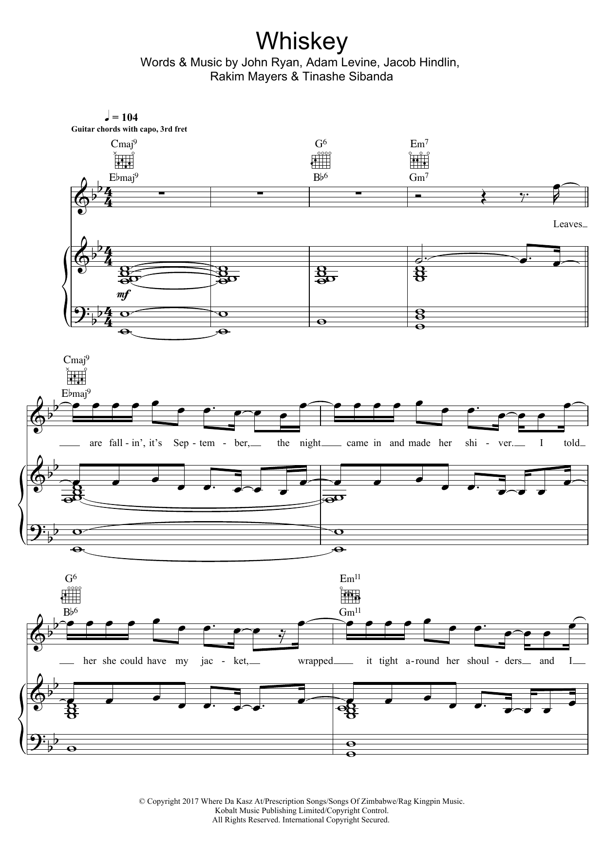Learn to play Maroon 5 Whiskey (feat. A$AP Rocky) sheet music for Piano, Vocal & Guitar Chords in minutes. Price: 7.8900$ Maroon 5 Whiskey (feat. A$AP Rocky) sheet music notes and chords arranged for Piano, Vocal & Guitar Chords