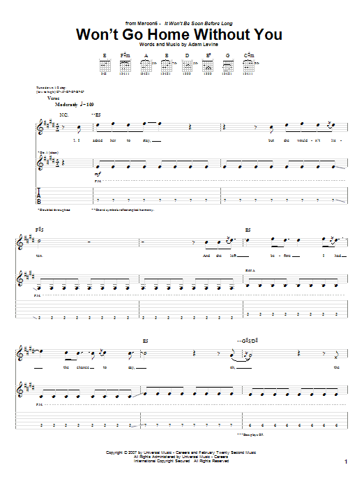 Maroon 5 Won't Go Home Without You sheet music notes and chords. Download Printable PDF.