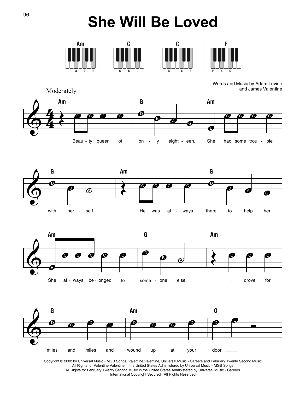 Maroon5 She Will Be Loved sheet music notes and chords. Download Printable PDF.