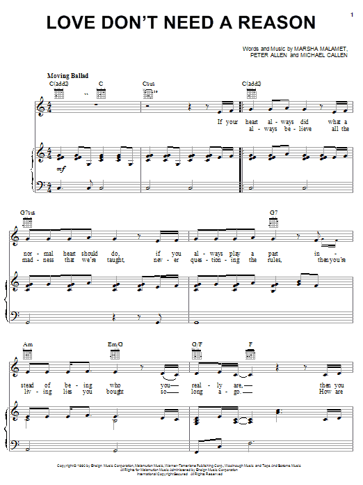 Learn to play Marsha Malamet Love Don't Need A Reason sheet music for Piano, Vocal & Guitar Chords (Right-Hand Melody) in minutes. Price: 7.8900$ Marsha Malamet Love Don't Need A Reason sheet music notes and chords arranged for Piano, Vocal & Guitar Chords (Right-Hand Melody)