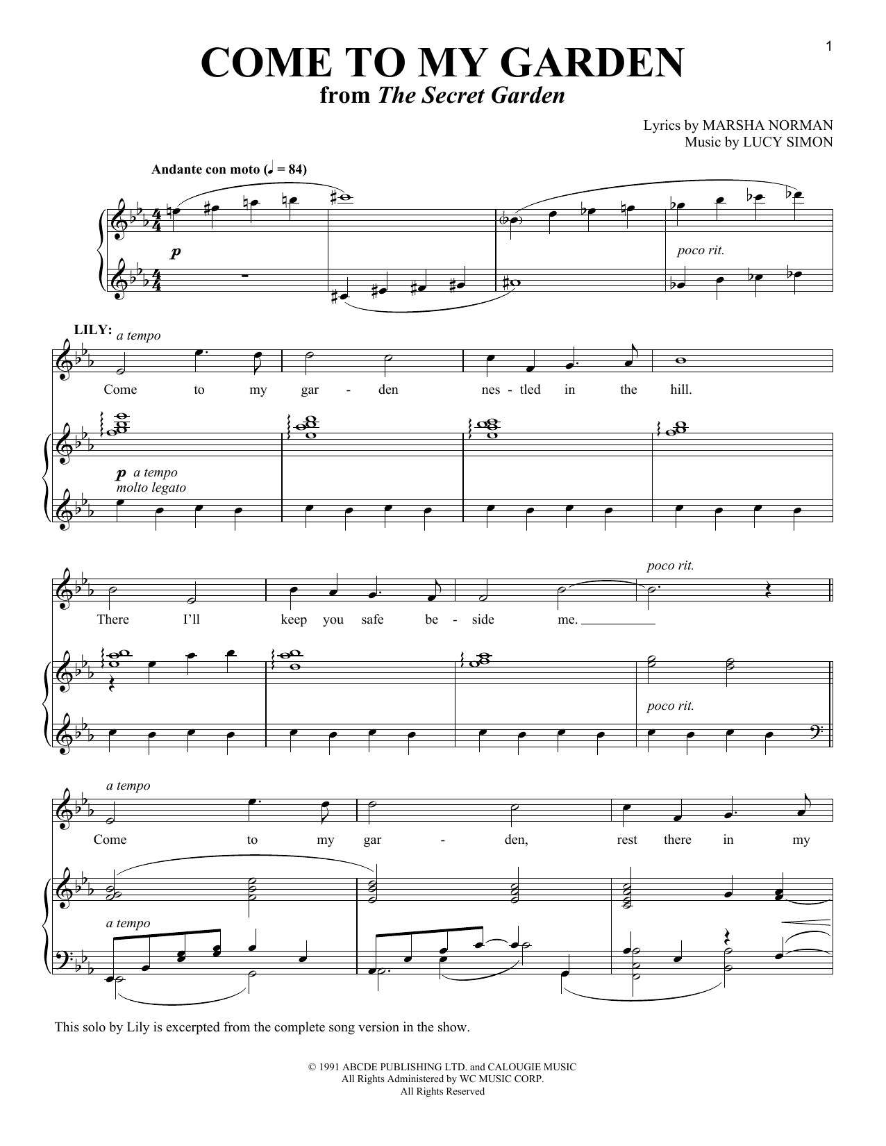 Marsha Norman and Lucy Simon Come To My Garden (from The Secret Garden) sheet music notes and chords. Download Printable PDF.