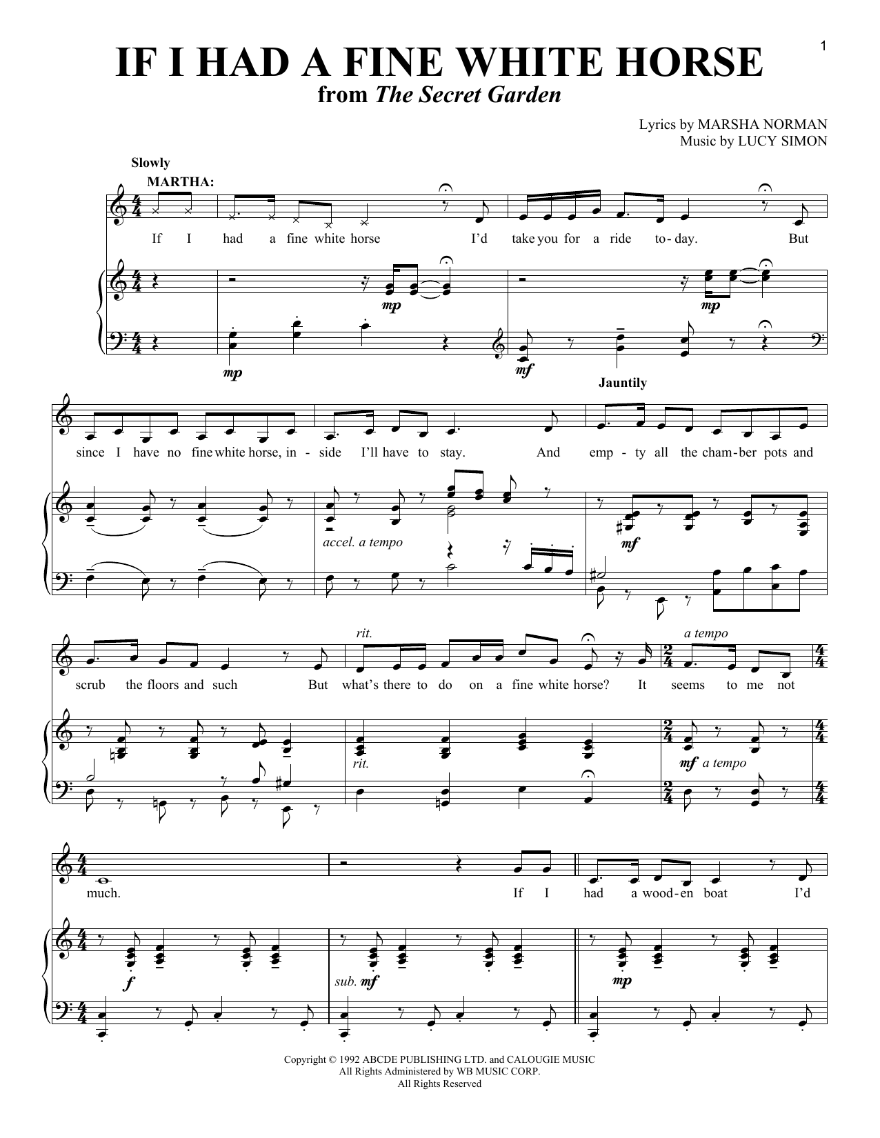 Learn to play Marsha Norman If I Had A Fine White Horse sheet music for Piano & Vocal in minutes. Price: 7.8900$ Marsha Norman If I Had A Fine White Horse sheet music notes and chords arranged for Piano & Vocal