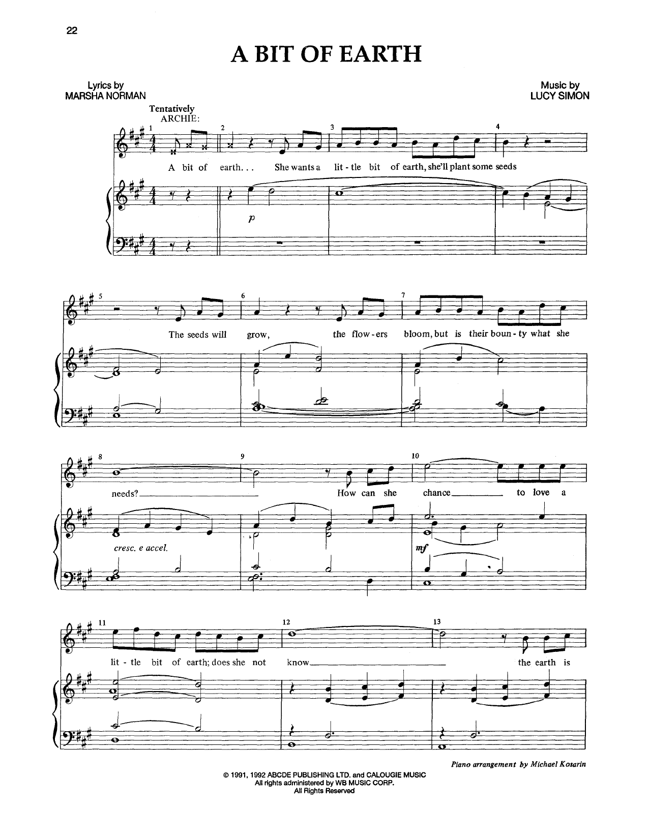 Learn to play Marsha Norman & Lucy Simon A Bit Of Earth sheet music for Piano & Vocal in minutes. Price: 7.8900$ Marsha Norman & Lucy Simon A Bit Of Earth sheet music notes and chords arranged for Piano & Vocal