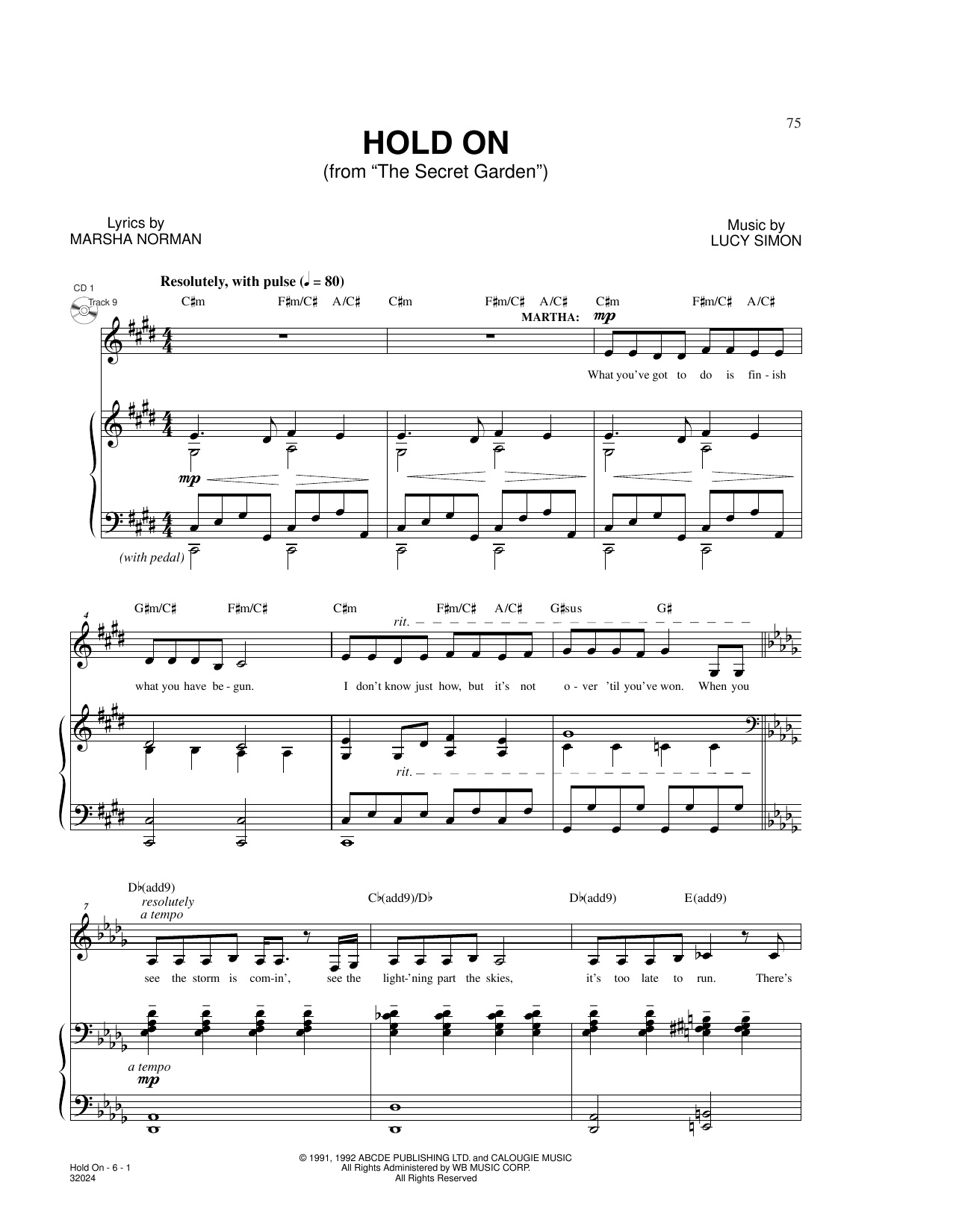 Marsha Norman & Lucy Simon Hold On (from The Secret Garden) sheet music notes and chords. Download Printable PDF.