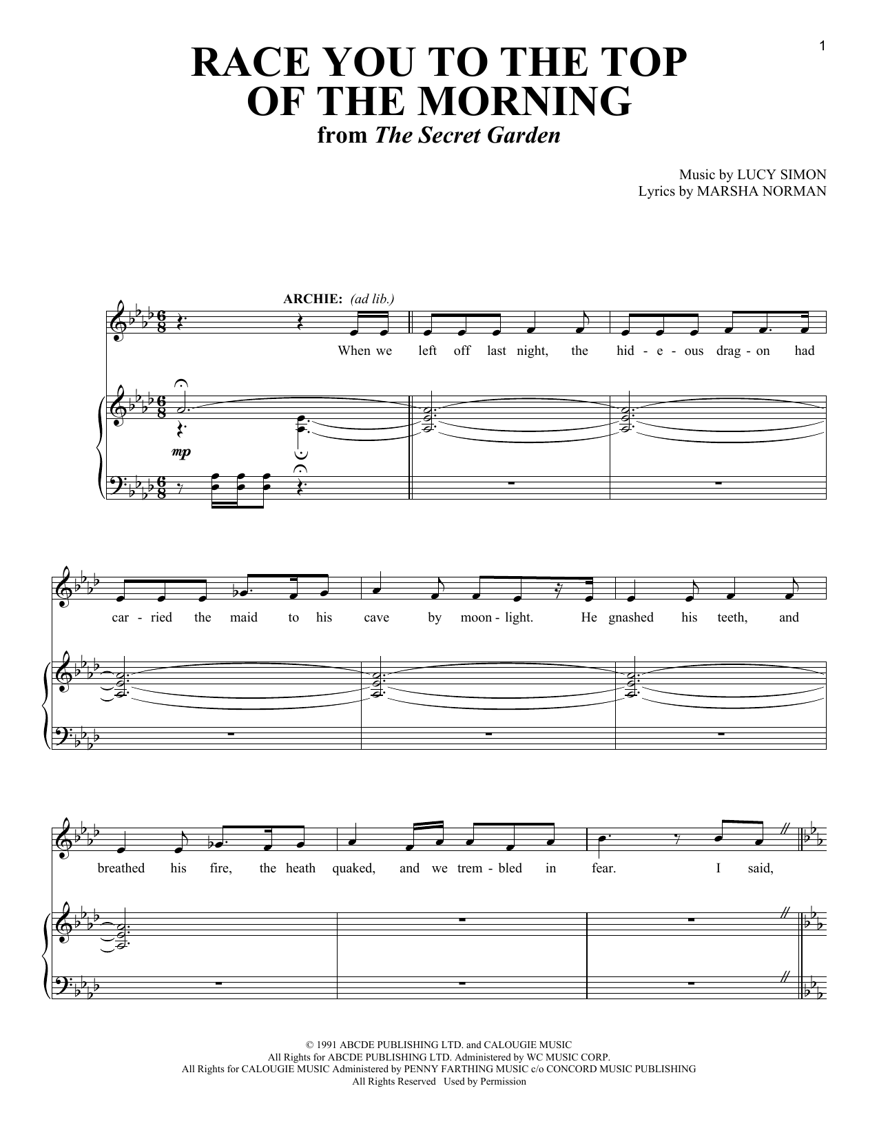 Learn to play Marsha Norman & Lucy Simon Race You To The Top Of The Morning sheet music for Piano & Vocal in minutes. Price: 7.8900$ Marsha Norman & Lucy Simon Race You To The Top Of The Morning sheet music notes and chords arranged for Piano & Vocal